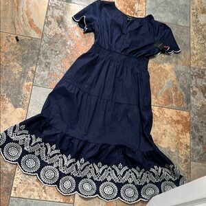 NWT Elegant Navy embroidered Dress with White Detailing